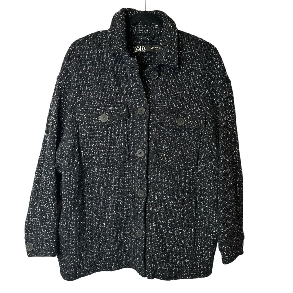 Zara Black Tweed Oversized Shacket Utility Jacket Quiet Luxury Coastal Small